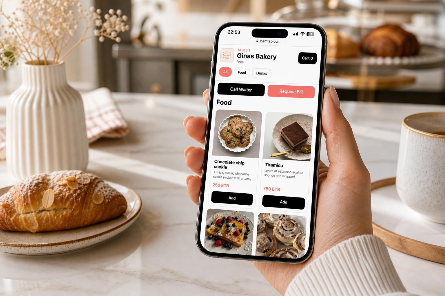 ZemTab QR menu and table ordering shown on a phone held in a cafe